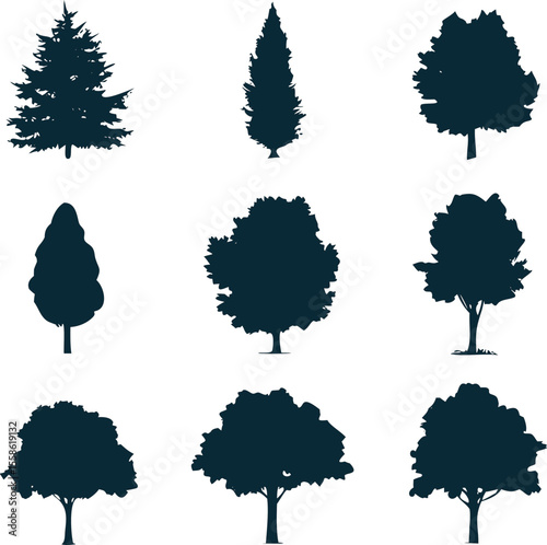 Tree silhouette icon set featuring various species, perfect for landscape, park, or environmental graphics.