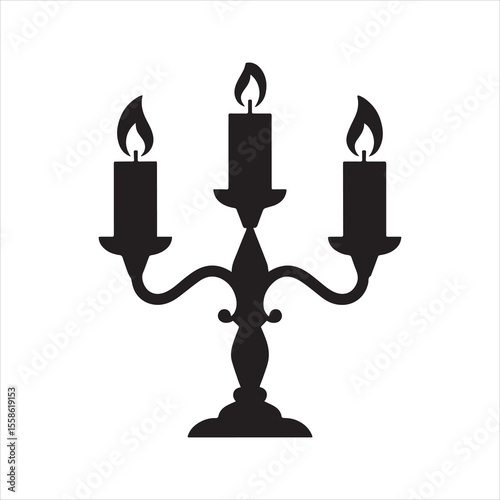 Candelabrum silhouette with three burning candles. Vintage candelabra icon, classic holder for home decor or romantic dinner. Black vector illustration isolated on white