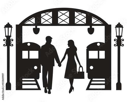 Black vector silhouette of a couple walking on a city street, symbolizing love and family