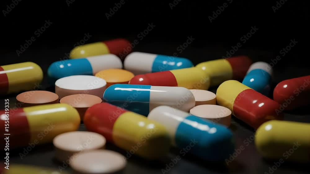 A close-up shot of colorful capsules and tablets scattered across a dark surface, highlighting the variety of shapes and colors in a pharmaceutical context A close-up shot of colorful capsules and tablets scattered across a dark surface, highlighting the variety of shapes and colors in a pharmaceutical context