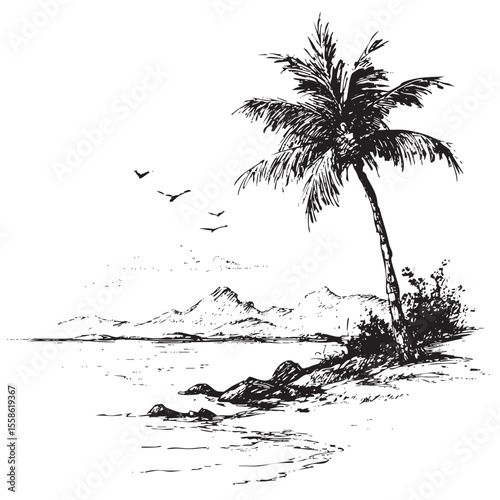Coastal paradise landscape with palm trees and mountains in distance
