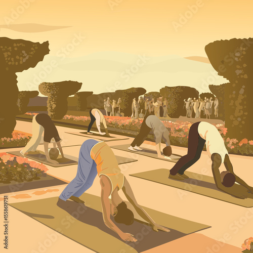 An outdoor yoga class is taking place in a park with several people in downward dog.
