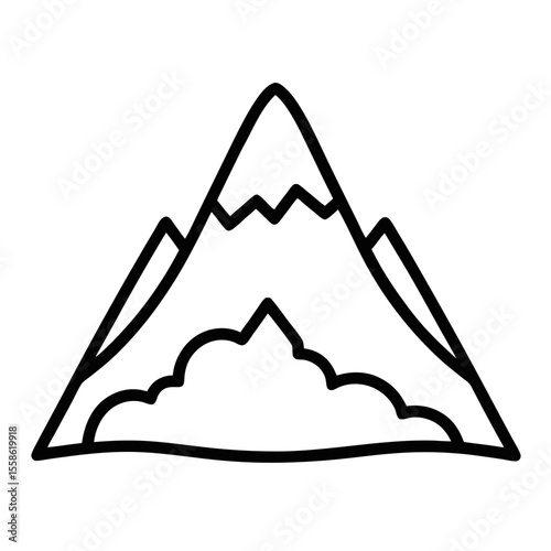 Simple outline drawing of majestic mountain peaks partially obscured by fluffy clouds in a minimalist style