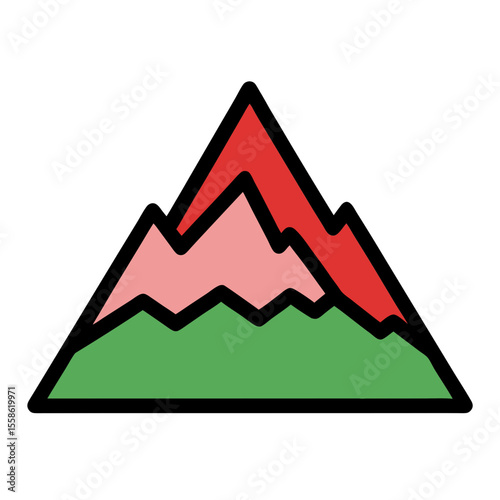 Stylized abstract mountain range with layered peaks in red pink and green on a black background