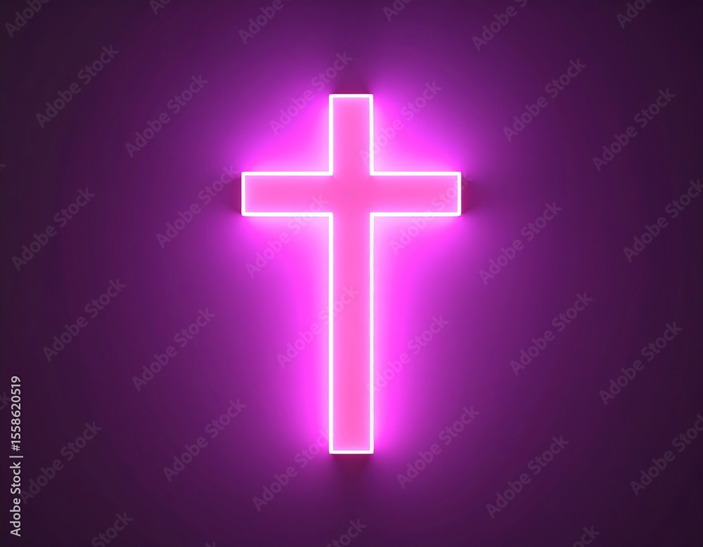 Obraz premium Neon pink cross on purple background