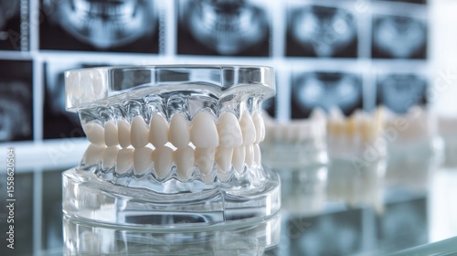 High-quality photo of close-up of a dental model showcasing teeth alignment in a modern dental clinic with X-ray images in the background. healthcare at our state-of-the-art.