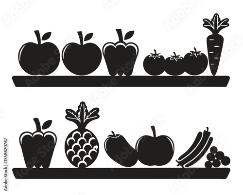 Black and white fruit and vegetable set with pumpkins and apples, a fresh and healthy food illustration