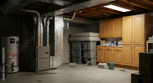 Residential Hot Water Tank System and Furnace in a Basement Utility Room