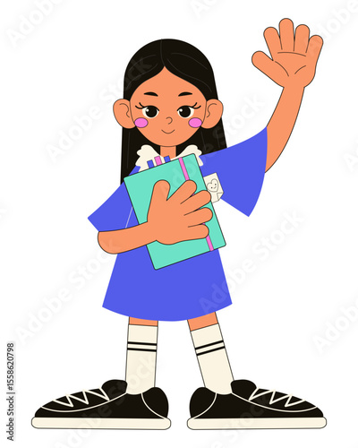 Cute school girl with notebook for study, and rising hand. Flat style vector illustration.
