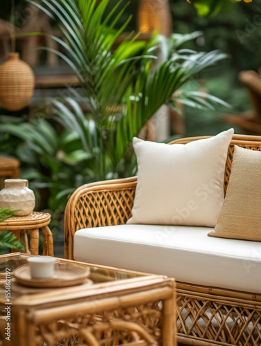 Elegant patio set in a garden with decorative pillows.