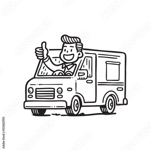 Happy delivery driver giving thumbs up from a cheerful vehicle