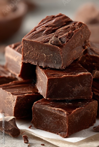 Rich and Creamy Chocolate Fudge Stacked on White Paper with Chunks of Chocolate and a Soft Focus Background for Delicious Dessert Imagery