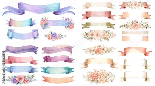 Watercolor ribbons and floral arrangements in soft pastel tones. Ideal for romantic stationery, invitations, scrapbooking, or decorative print materials.


