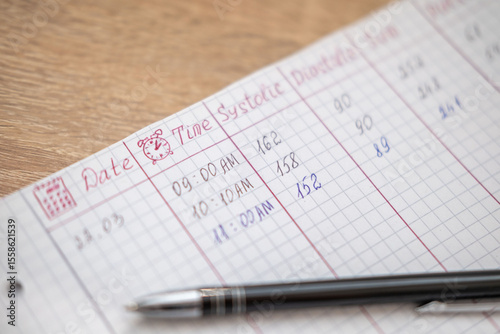 health daily tracking, hand writing blood pressure readings from monitor on sheet of paper, documenting blood pressure results