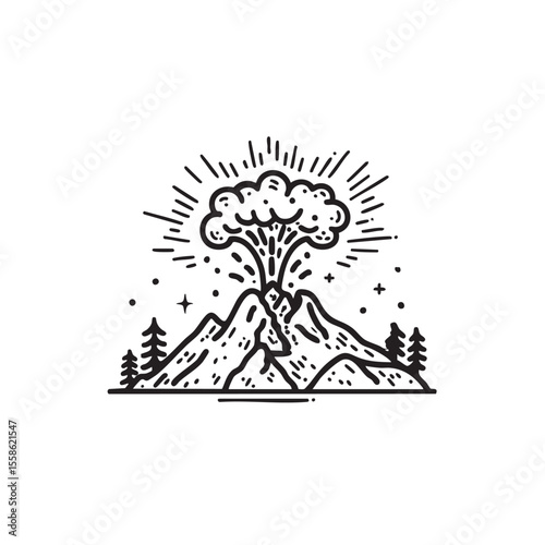 Eruption of a volcano with clouds and mountains during daytime