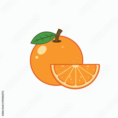Orange Fruit Illustration: A whole orange and a slice of orange with leaf. Simple and fresh illustration for healthy food concept.
