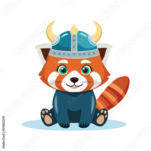 Simple Illustration Cute Red Panda with Viking Helmet