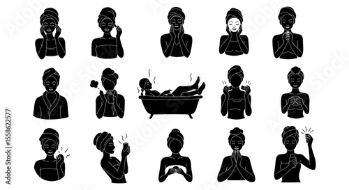 Set of solid black silhouettes of people enjoying spa activities