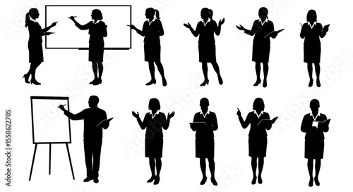 set vector of solid black silhouettes of teachers