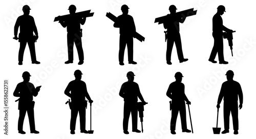 Set vector of solid black silhouettes of construction workers