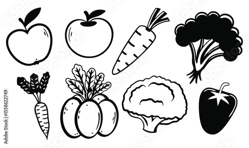 "Fruit and Vegetable Icon Set Black and White Hand Drawn Apple, Carrot, Broccoli, and More"