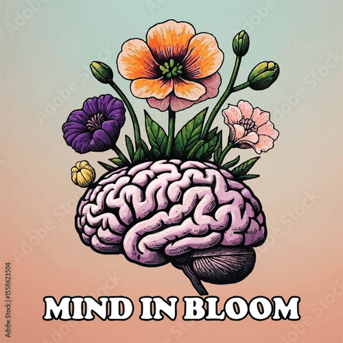 Blooming Mind: Floral Brain Illustration Representing Creativity and Mental Wellness