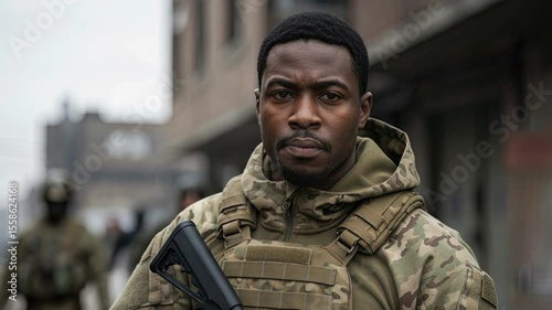A serious adult man in camouflage tactical clothing holds a rifle, standing focused in a desolate urban environment.