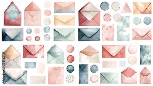 Elegant watercolor envelopes and mail elements in vintage color tones. Ideal for creative correspondence, love letters, or journaling designs.

