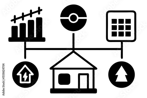 Smart Eco Home Icons with Energy, Grid, and Environmental Connections