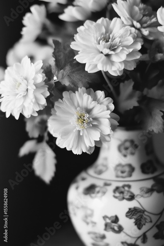 A simple yet elegant floral arrangement featuring daisies in a vase. The monochrome palette adds a timeless and classic touch.
