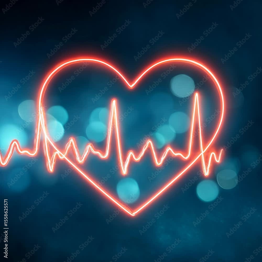 Red neon heart with heartbeat pulse line on glowing blue background representing love and cardiology Red neon heart with heartbeat pulse line on glowing blue background representing love and cardiology