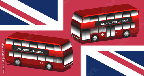 Vector 3d double decker red English city passenger bus. Urban transport of foggy Albion. Welcome to London. Town traffic of England. Two projections. United Kingdom