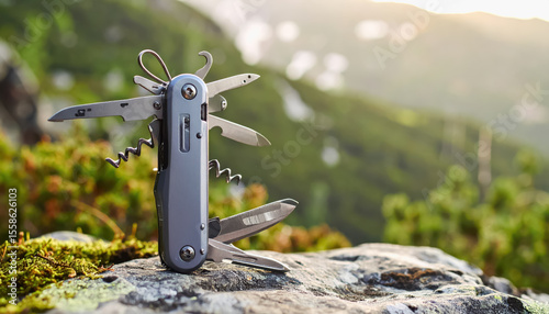 Versatile multi-tool positioned on a rock highlighting essential gear for camping and outdoor adventures in nature