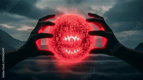 Hands manipulating a glowing red orb with digital patterns against a dark, moody landscape backdrop