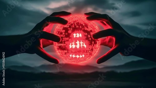 Two hands grasp a glowing red orb with mystical symbols, set against a dramatic twilight landscape