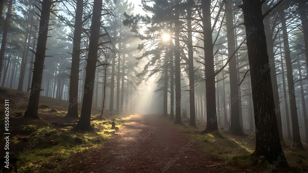 Fototapeta premium Misty morning light filters through autumn trees on a winding forest path, creating a serene woodland landscape