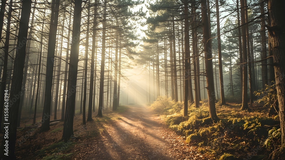 Obraz premium A tranquil path winds through the misty green forest, bathed in soft morning light