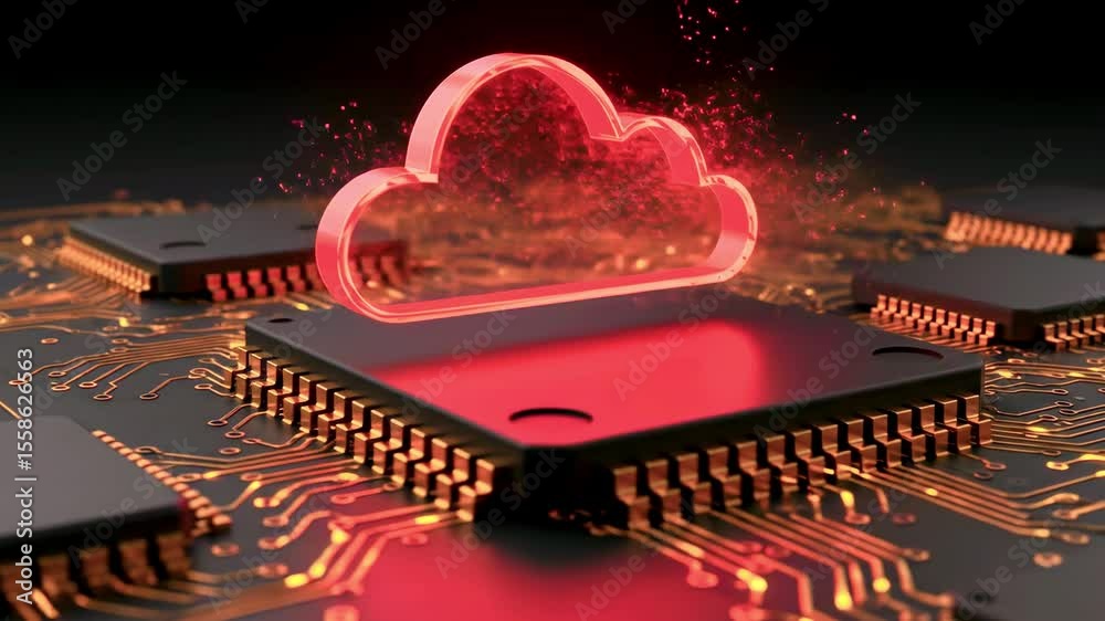Abstract digital representation of cloud computing with red cloud over circuit board, symbolizing technology
