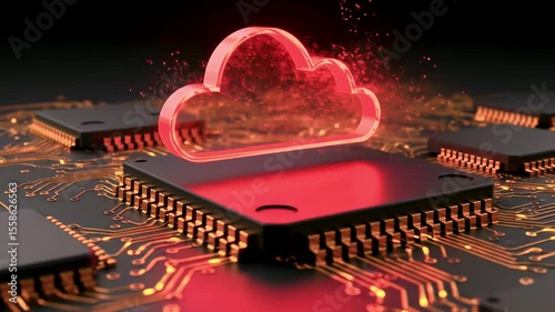 Abstract digital representation of cloud computing with red cloud over circuit board, symbolizing technology