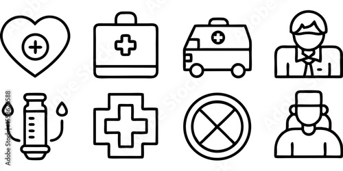 Healthcare set of web icons in line style. Medicine and Health Care linear icon collection. Containing emergency, doctor, treatment, medical, report, diagnosis, health, prevention. Editable line art