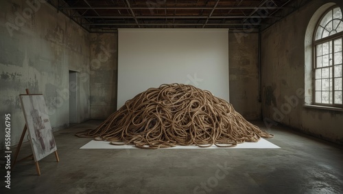 Large pile of thick ropes stacked indoors in empty room, industrial de