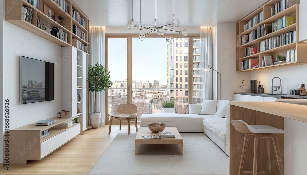 Fototapeta premium Spacious Scandinavian Style Apartment Featuring Natural Light, Cozy Corner Sofa, and Bookshelves