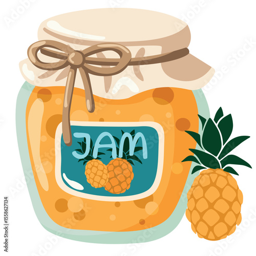 Homemade pineapple jam in a glass jar with a rustic lid. Vector drawing on a white background. Illustration of sweet dishes for canning, pantry, breakfast concepts.