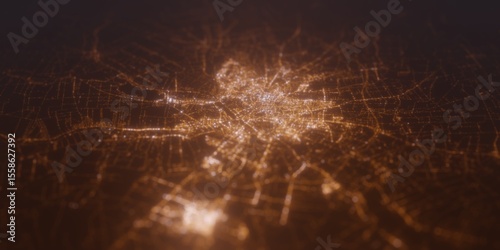 Street lights map of Lublin (Poland) with tilt-shift effect, view from east. Imitation of macro shot with blurred background. 3d render, selective focus