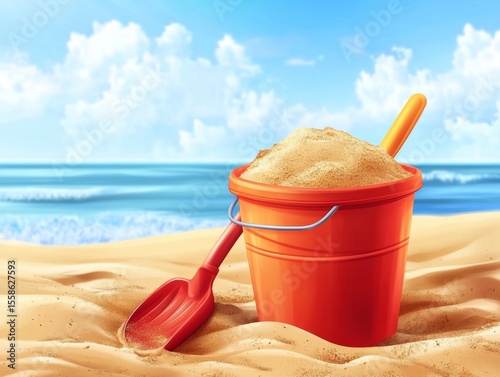A bucket of sand and a shovel on the beach.