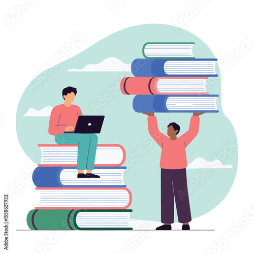 Illustration of online education and learning with students and books for knowledge access