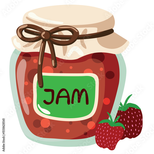 Homemade strawberry jam in a glass jar with a rustic lid. Vector drawing on a white background. Illustration of sweet dishes for canning, pantry, breakfast concepts.