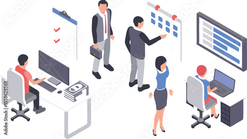 Isometric view of office setting with employees working on computers and attending a meeting setting up tasks