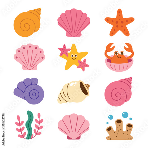 Seashells starfish crab seaweed coral vector illustration ocean life beach theme summer art 90