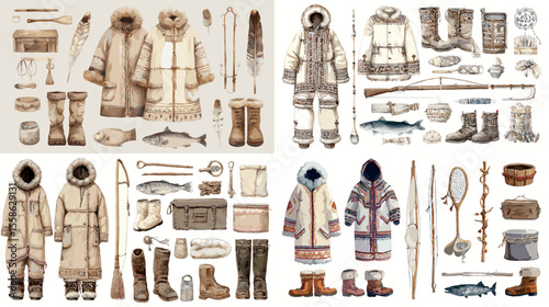 Traditional Arctic clothing and winter survival gear in detailed hand-drawn style. Perfect for cultural studies, ethnographic visuals, or cold climate design assets.

